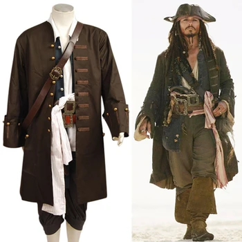 Прямая поставка, костюм Пирата для косплея на Хэллоуин, Пираты Карибского Моря, куртка Джека Воробья, жилет, пояс, Рубашка, брюки, костюмы