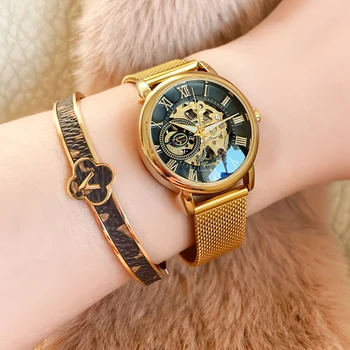 Forsining, модные роскошные женские механические часы с розово-золотым скелетом, римские цифры, прозрачные часы, часы из нержавеющей стали