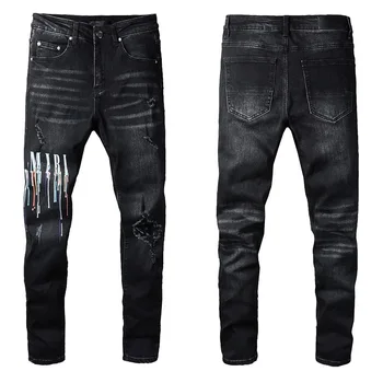 Черная уличная одежда Y2k для мужчин, Дизайнерская, потертая, обтягивающая, растянутая, с разрушенными отверстиями, с нашивками на ребрах, узкие, рваные джинсовые брюки