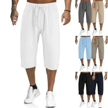Летние Повседневные мужские Свободные дышащие брюки с завязками для уличной молодежи в американском стиле, однотонные хлопковые и льняные базовые брюки с пятью точками