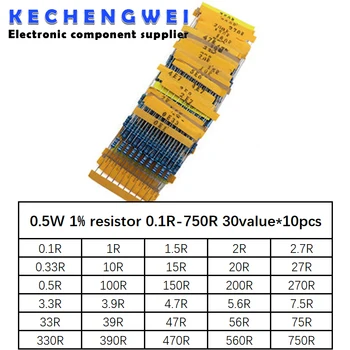 300шт Сопротивление 1 ~ 750 Ом 1/2 Вт 1% Металлический пленочный резистор В ассортименте Комплект 30 комплектов * 10шт = 300шт